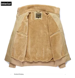 Detailed interior of khaki work jacket showing thick lamb wool lining and vintage neck label