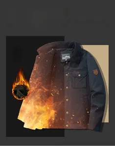 Detail of men's thermal jacket showing fleece lining and metal button closure