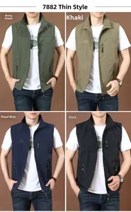 Detail showcasing lightweight quick-dry outdoor vests in green, khaki, blue, and black colors