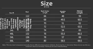 Detailed size chart for men's fleece jacket ranging from M to 6XL with measurements