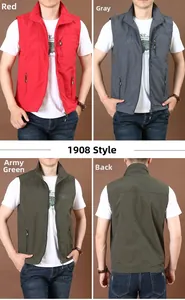 Collage of outdoor quick-dry fishing vests in red, grey, and green with zipper pockets