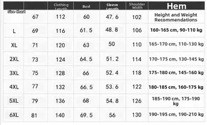 Size chart table for fleece jacket showing measurements from M to 6XL with height and weight