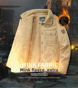 Close-up of khaki fleece jacket lining with thick warm mink fabric and durable texture