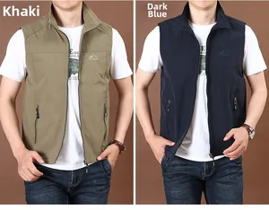 Detail of outdoor men's vests in khaki and navy blue with standing collar and zipper pockets