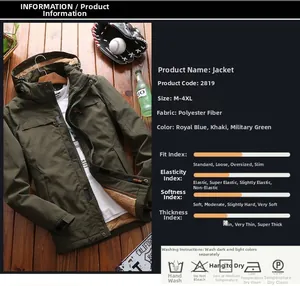 Detail specifications for fleece-lined waterproof jacket with material and size chart