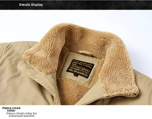 Detail of khaki jacket showing warm sherpa collar and vintage style military neck label