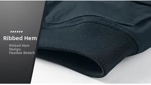 Detailed view of elastic ribbed hem on navy blue winter jacket for men