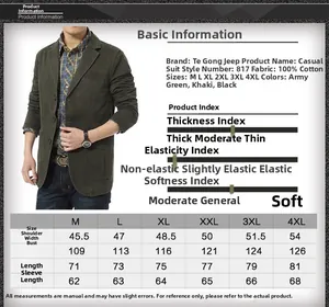 Detailed size chart for men cotton casual blazer including shoulder and chest measurements