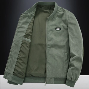 Olive green corduroy bomber jacket for men with vintage collar and patch details