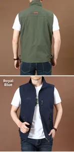 Detail view of quick-dry outdoor vests with multiple pockets in green and blue colors