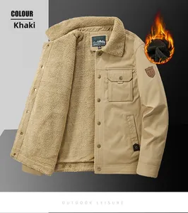 Detail of khaki outdoor jacket showing warm black sherpa lining and fashion sleeve patch