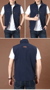 Detail view of navy quick-dry outdoor vest with multi-zipper pockets and stand collar