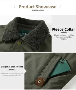 Detail of warm fleece collar and side pockets with leather trim on green jacket