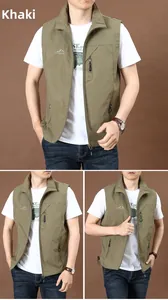 Detail view of khaki quick-dry outdoor vest with multiple zipper pockets and stand collar
