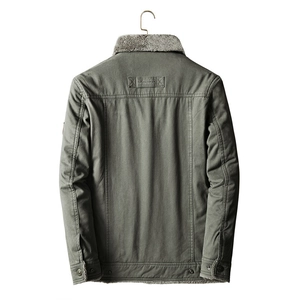 Giacca invernale da uomo verde oliva con collo di pelliccia e toppa fashion sul retro
