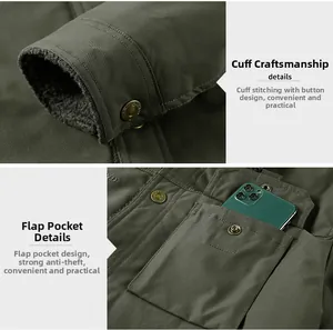 Detail of fleece lining on military green jacket cuff with vintage metal button and pocket