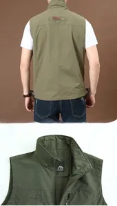 Macro detail of olive green fishing vest showing outdoor embroidery and mesh lining