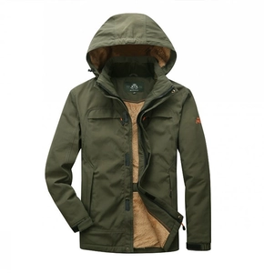 Detail of army green waterproof hiking jacket with warm brown faux shearling lining