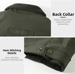Detail view of dark green jacket showing fleece collar lining and fashion metal snap buttons