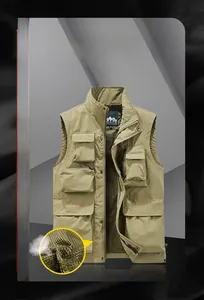 Detail of khaki multi-pocket fishing vest showing breathable mesh lining and stand collar