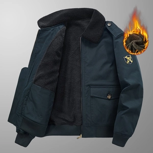 Winter fleece-lined bomber jacket with warm lamb wool collar and tactical patch