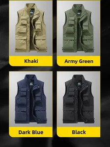 Detail view of multi-pocket utility vest in khaki, green, blue and black color options