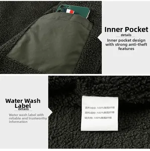 Detail of warm fleece jacket interior featuring a secure inner pocket and fabric care label