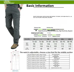 Tableau des tailles détaillé et guide de mesure pour pantalons cargo homme séchage rapide