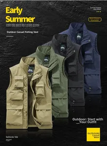 Outdoor fishing vest detail showing multi-pocket design and breathable mesh lining in four colors