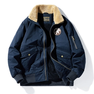 Men's dark blue winter flight jacket with beige faux fur collar and cargo pockets