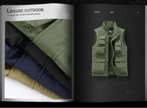 Detail view of multi-pocket outdoor utility vest in various colors and fabric textures