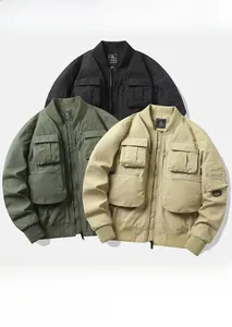 Detailed view of multi-pocket bomber jackets in black, army green and beige