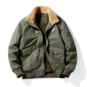 Men's olive green flight jacket with warm fleece collar and military-style patch details