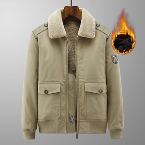 Winter khaki flight jacket for men with thick fleece lining and warm shearling collar