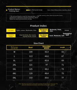 Detailed size chart for multi-pocket outdoor fishing vest showing measurements M to 5XL