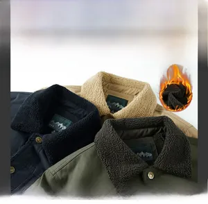 Detail view of winter jacket fleece collars in navy, khaki, and army green colors