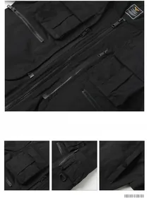 Detailed views of pockets, zipper closures and metal D-ring on black tactical jacket