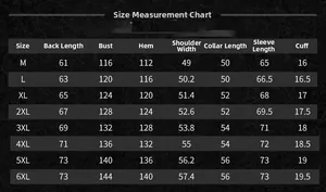 Detailed size chart for men winter bomber jacket with measurements from M to 6XL
