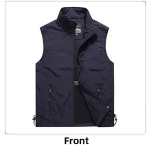 Vista frontale di un gilet outdoor blu scuro ad asciugatura rapida con tasche a zip multiple