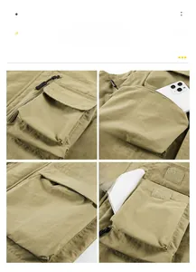 Detail of khaki outdoor tactical vest featuring multi-pocket storage and zipper closure