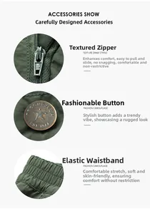 Détail du pantalon cargo vert armée avec fermeture éclair, bouton étoile et taille élastique
