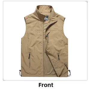 Vista frontale del gilet outdoor kaki con tasche multiple a zip e colletto dritto