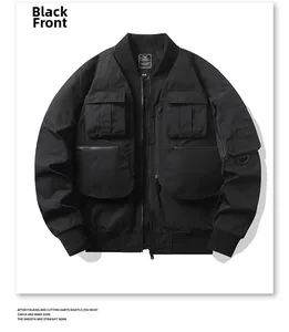 Front view of black tactical bomber jacket with multi-pocket utility design and ribbed trim
