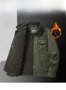 Detail of army green winter jacket featuring thick fleece lining and lapel collar design