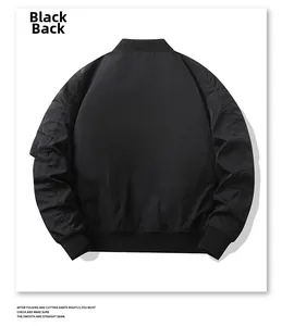 Detailed back view of a black bomber jacket showing premium stitching and ribbed trim