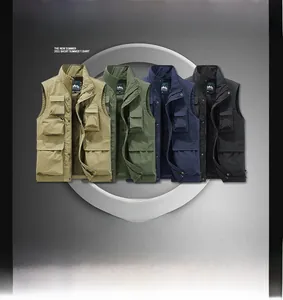Detail view of multi-pocket outdoor vests in khaki, green, navy, and black colors