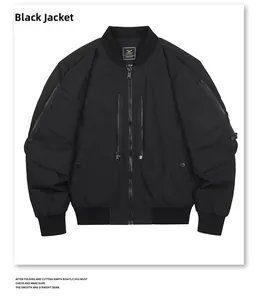 Detail view of black bomber jacket with ribbed collar and functional utility pockets