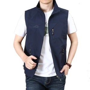 Men's dark blue outdoor quick-dry fishing vest with stand collar and functional pockets