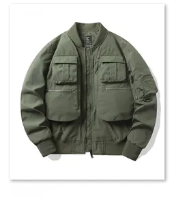 Army green flight bomber jacket featuring tactical pockets and windproof ribbed cuffs