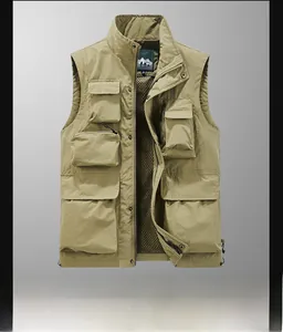 Detail view of khaki multi-pocket utility vest with breathable mesh lining and standing collar